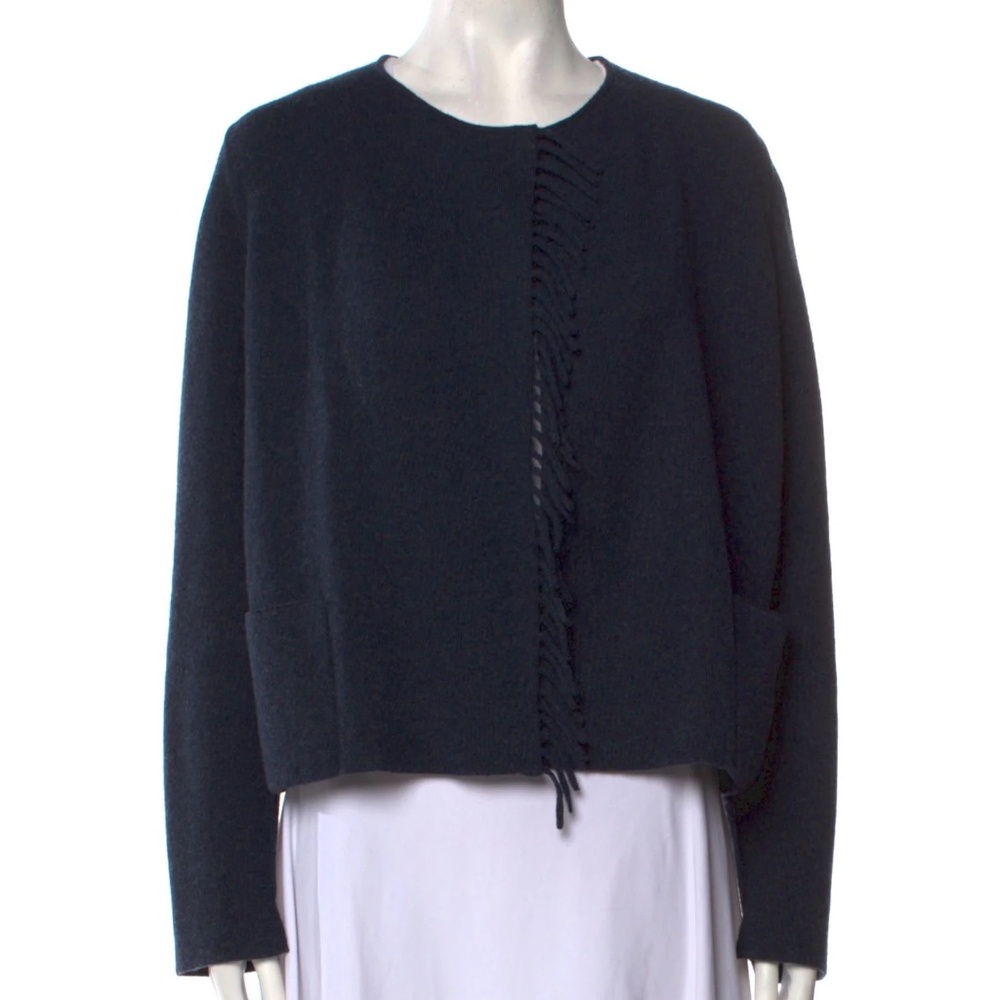 Akris Navy Fringe-Trim Wool Cardigan